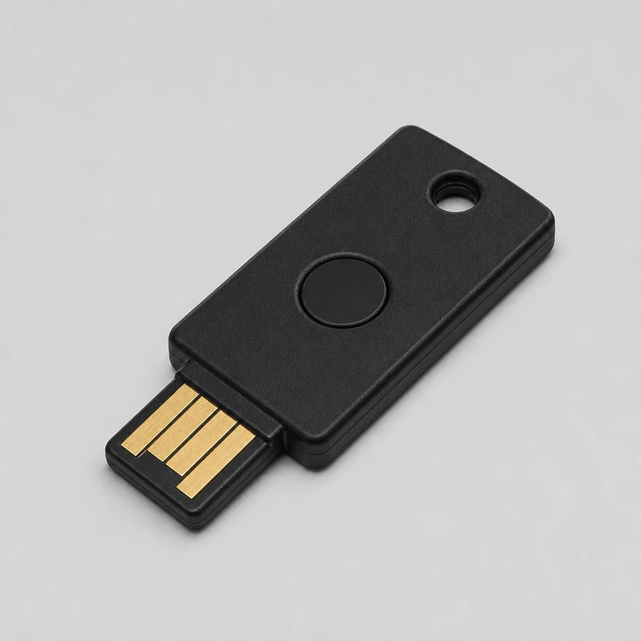 Hardware-Sicherheitsschlüssel Ein Hardware-Sicherheitsschlüssel (ein kleiner USB-Schlüssel mit Taste), ein häufiges Zwei-Faktor-Gerät